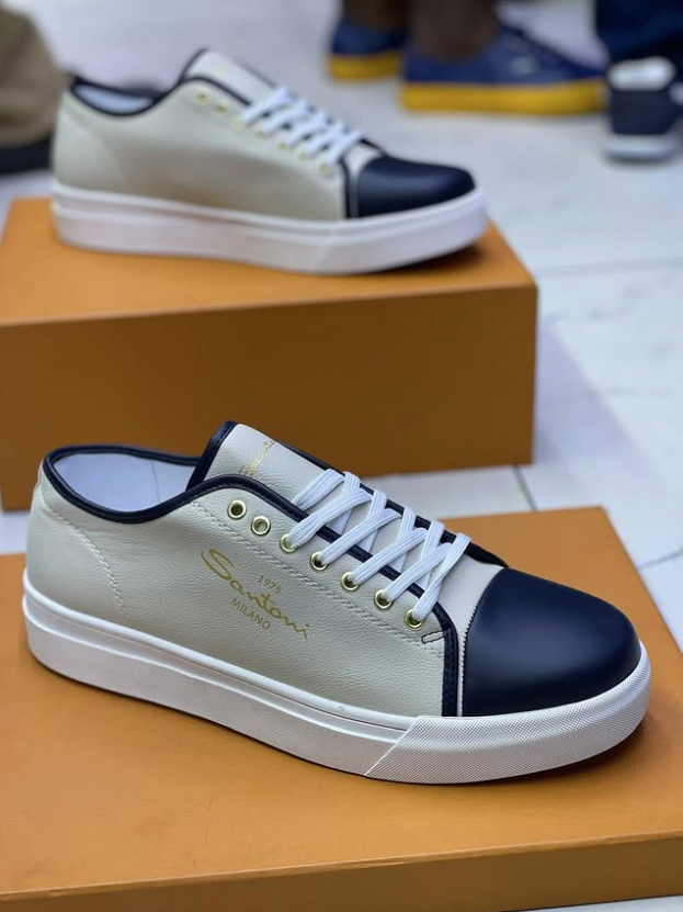 WHITE-BLUE SANTONI MILANO LEATHER SNEAKERS